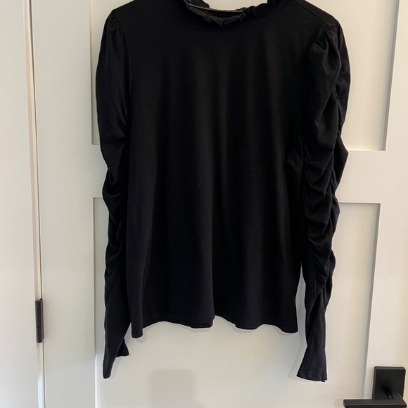 Maeve by Anthropologie Black Ruffle Neck Rouched Long Sleeve Tee- SZ L - Picture 2 of 11